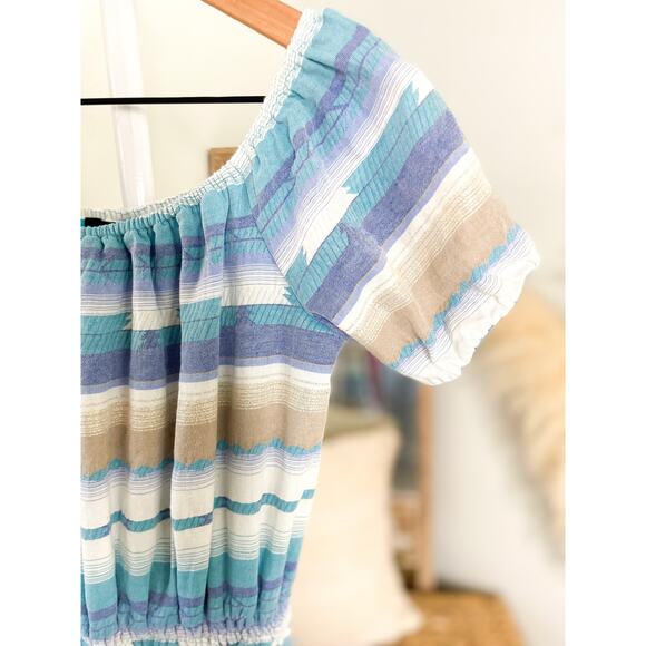 Anthropologie Drew Blue Stripe Off Shoulder Mini Dress Small Puff Sleeve - Picture 4 of 8